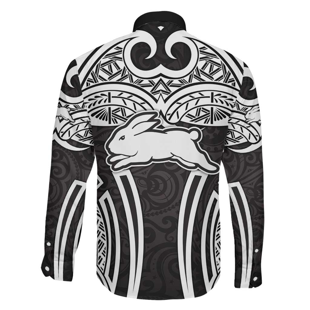 South Sydney Rabbitohs Rugby Family Matching Mermaid Dress and Hawaiian Shirt Polynesian Tribal Rabbit Warrior Black White Pattern