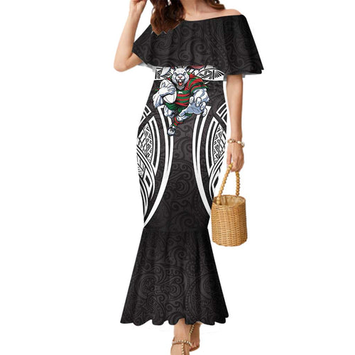 South Sydney Rabbitohs Rugby Family Matching Mermaid Dress and Hawaiian Shirt Polynesian Tribal Rabbit Warrior Black White Pattern