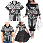 South Sydney Rabbitohs Rugby Family Matching Off The Shoulder Long Sleeve Dress and Hawaiian Shirt Polynesian Tribal Rabbit Warrior Black White Pattern
