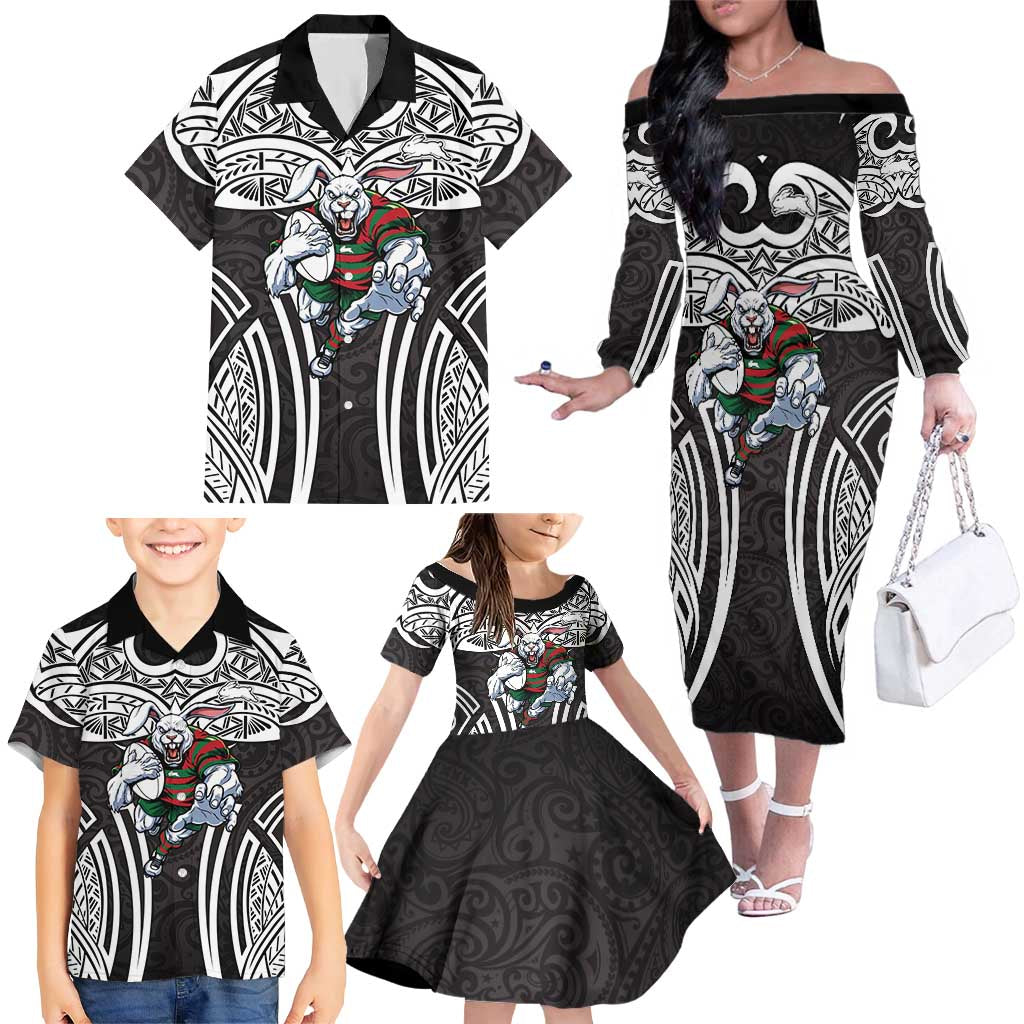 South Sydney Rabbitohs Rugby Family Matching Off The Shoulder Long Sleeve Dress and Hawaiian Shirt Polynesian Tribal Rabbit Warrior Black White Pattern