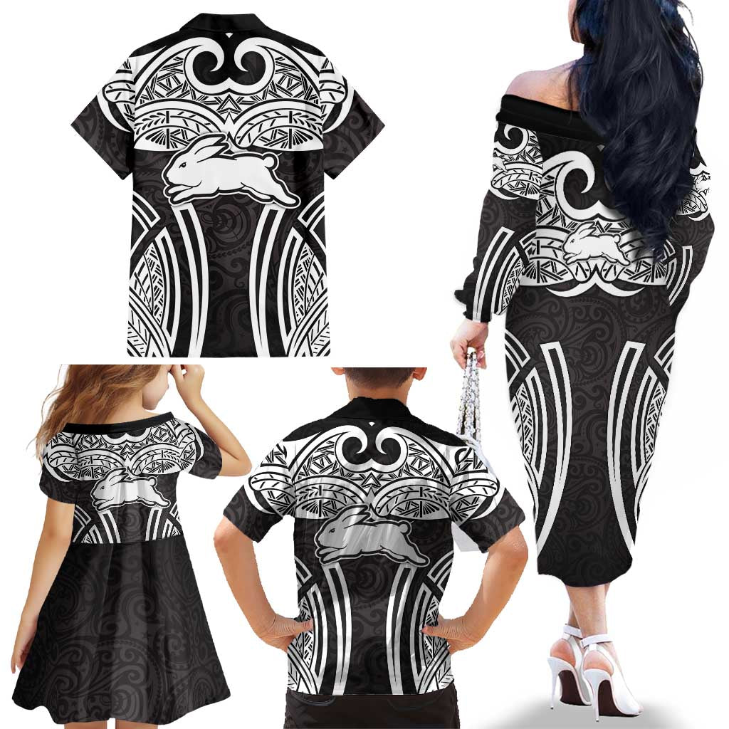 South Sydney Rabbitohs Rugby Family Matching Off The Shoulder Long Sleeve Dress and Hawaiian Shirt Polynesian Tribal Rabbit Warrior Black White Pattern