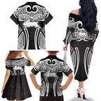 South Sydney Rabbitohs Rugby Family Matching Off The Shoulder Long Sleeve Dress and Hawaiian Shirt Polynesian Tribal Rabbit Warrior Black White Pattern