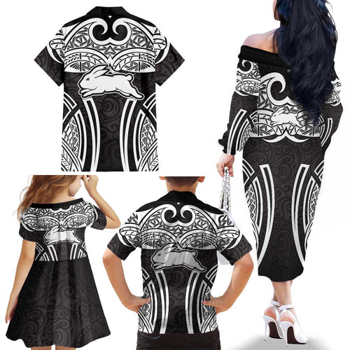 South Sydney Rabbitohs Rugby Family Matching Off The Shoulder Long Sleeve Dress and Hawaiian Shirt Polynesian Tribal Rabbit Warrior Black White Pattern