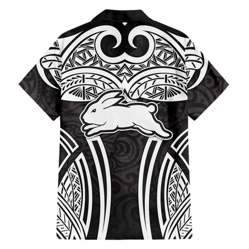 South Sydney Rabbitohs Rugby Family Matching Off The Shoulder Long Sleeve Dress and Hawaiian Shirt Polynesian Tribal Rabbit Warrior Black White Pattern