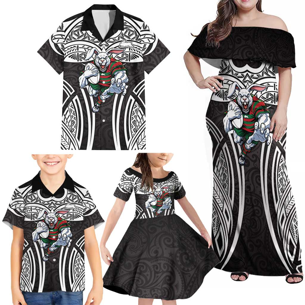 South Sydney Rabbitohs Rugby Family Matching Off Shoulder Maxi Dress and Hawaiian Shirt Polynesian Tribal Rabbit Warrior Black White Pattern