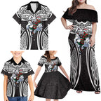South Sydney Rabbitohs Rugby Family Matching Off Shoulder Maxi Dress and Hawaiian Shirt Polynesian Tribal Rabbit Warrior Black White Pattern