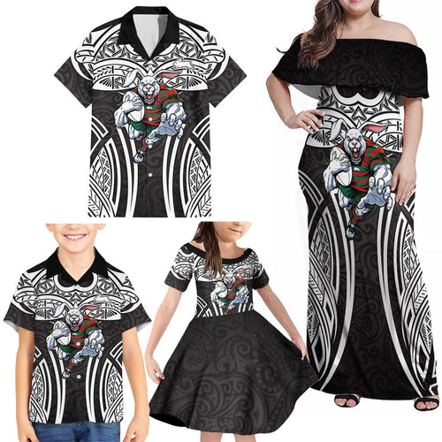 South Sydney Rabbitohs Rugby Family Matching Off Shoulder Maxi Dress and Hawaiian Shirt Polynesian Tribal Rabbit Warrior Black White Pattern