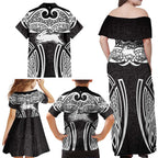 South Sydney Rabbitohs Rugby Family Matching Off Shoulder Maxi Dress and Hawaiian Shirt Polynesian Tribal Rabbit Warrior Black White Pattern