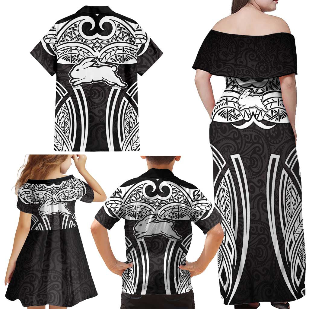 South Sydney Rabbitohs Rugby Family Matching Off Shoulder Maxi Dress and Hawaiian Shirt Polynesian Tribal Rabbit Warrior Black White Pattern