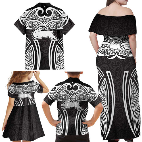 South Sydney Rabbitohs Rugby Family Matching Off Shoulder Maxi Dress and Hawaiian Shirt Polynesian Tribal Rabbit Warrior Black White Pattern