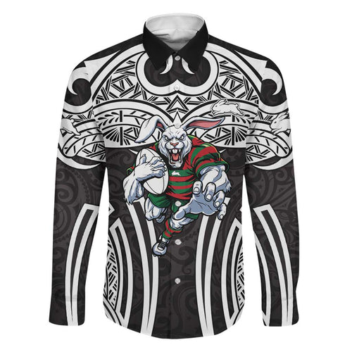South Sydney Rabbitohs Rugby Family Matching Off Shoulder Maxi Dress and Hawaiian Shirt Polynesian Tribal Rabbit Warrior Black White Pattern