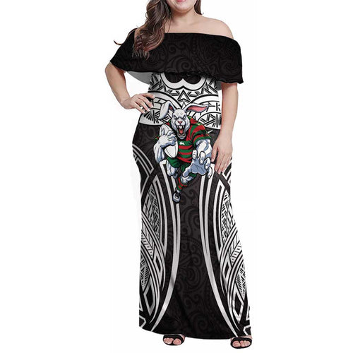 South Sydney Rabbitohs Rugby Family Matching Off Shoulder Maxi Dress and Hawaiian Shirt Polynesian Tribal Rabbit Warrior Black White Pattern