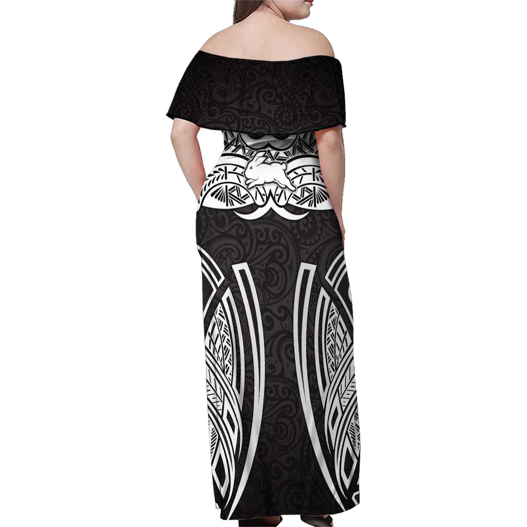 South Sydney Rabbitohs Rugby Family Matching Off Shoulder Maxi Dress and Hawaiian Shirt Polynesian Tribal Rabbit Warrior Black White Pattern