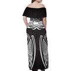 South Sydney Rabbitohs Rugby Family Matching Off Shoulder Maxi Dress and Hawaiian Shirt Polynesian Tribal Rabbit Warrior Black White Pattern