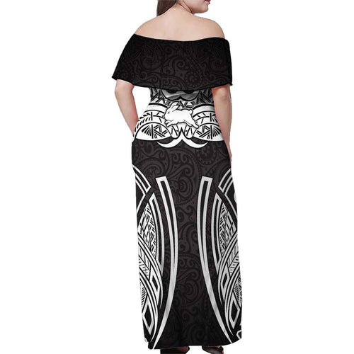 South Sydney Rabbitohs Rugby Family Matching Off Shoulder Maxi Dress and Hawaiian Shirt Polynesian Tribal Rabbit Warrior Black White Pattern