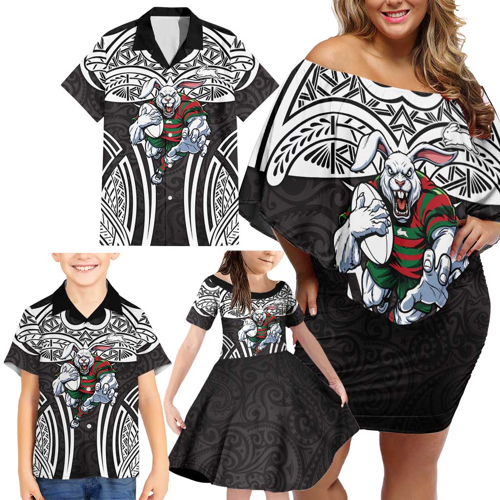 South Sydney Rabbitohs Rugby Family Matching Off Shoulder Short Dress and Hawaiian Shirt Polynesian Tribal Rabbit Warrior Black White Pattern