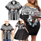 South Sydney Rabbitohs Rugby Family Matching Off Shoulder Short Dress and Hawaiian Shirt Polynesian Tribal Rabbit Warrior Black White Pattern
