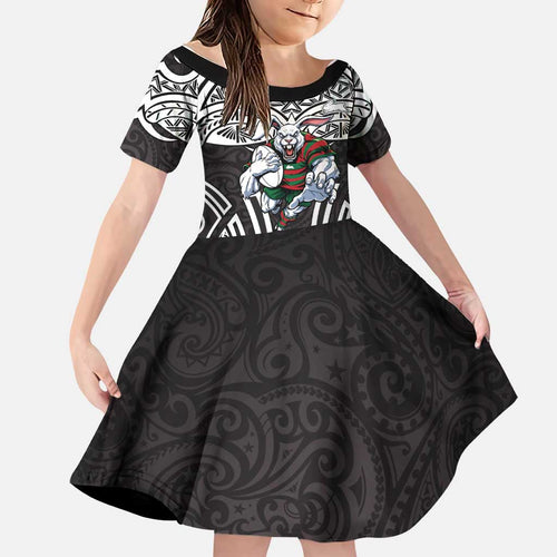 South Sydney Rabbitohs Rugby Family Matching Off Shoulder Short Dress and Hawaiian Shirt Polynesian Tribal Rabbit Warrior Black White Pattern