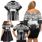 South Sydney Rabbitohs Rugby Family Matching Off Shoulder Short Dress and Hawaiian Shirt Polynesian Tribal Rabbit Warrior Black White Pattern