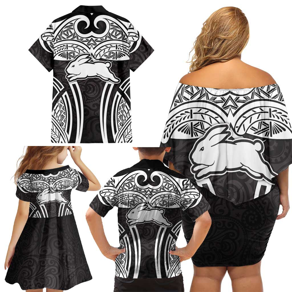South Sydney Rabbitohs Rugby Family Matching Off Shoulder Short Dress and Hawaiian Shirt Polynesian Tribal Rabbit Warrior Black White Pattern