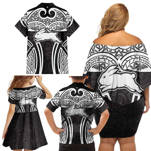 South Sydney Rabbitohs Rugby Family Matching Off Shoulder Short Dress and Hawaiian Shirt Polynesian Tribal Rabbit Warrior Black White Pattern