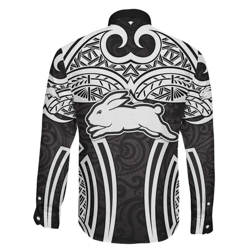 South Sydney Rabbitohs Rugby Family Matching Off Shoulder Short Dress and Hawaiian Shirt Polynesian Tribal Rabbit Warrior Black White Pattern