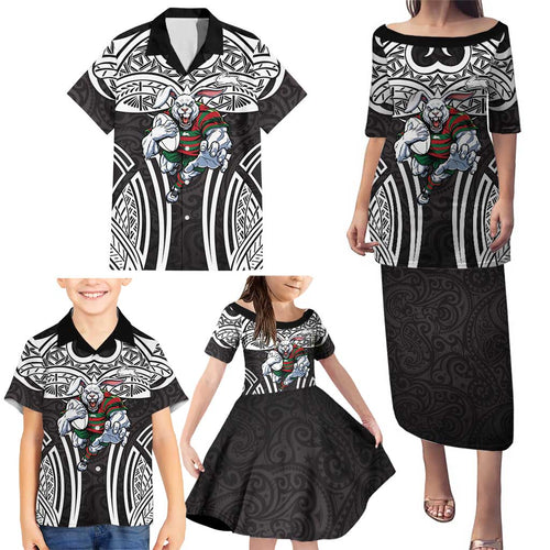 South Sydney Rabbitohs Rugby Family Matching Puletasi and Hawaiian Shirt Polynesian Tribal Rabbit Warrior Black White Pattern