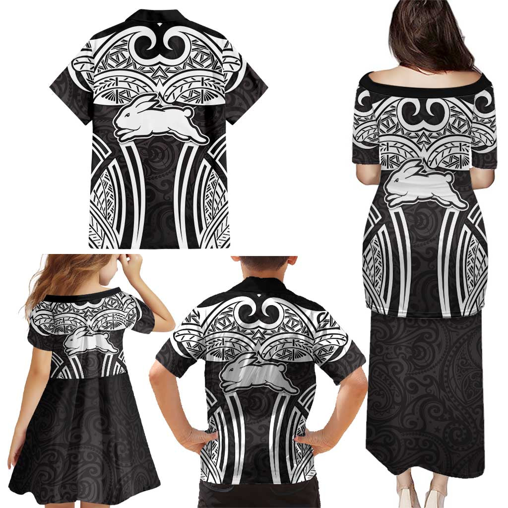 South Sydney Rabbitohs Rugby Family Matching Puletasi and Hawaiian Shirt Polynesian Tribal Rabbit Warrior Black White Pattern