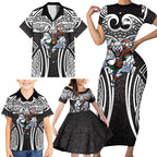 South Sydney Rabbitohs Rugby Family Matching Short Sleeve Bodycon Dress and Hawaiian Shirt Polynesian Tribal Rabbit Warrior Black White Pattern