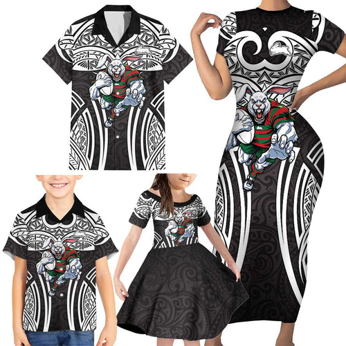 South Sydney Rabbitohs Rugby Family Matching Short Sleeve Bodycon Dress and Hawaiian Shirt Polynesian Tribal Rabbit Warrior Black White Pattern