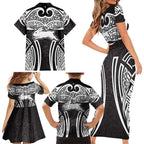 South Sydney Rabbitohs Rugby Family Matching Short Sleeve Bodycon Dress and Hawaiian Shirt Polynesian Tribal Rabbit Warrior Black White Pattern