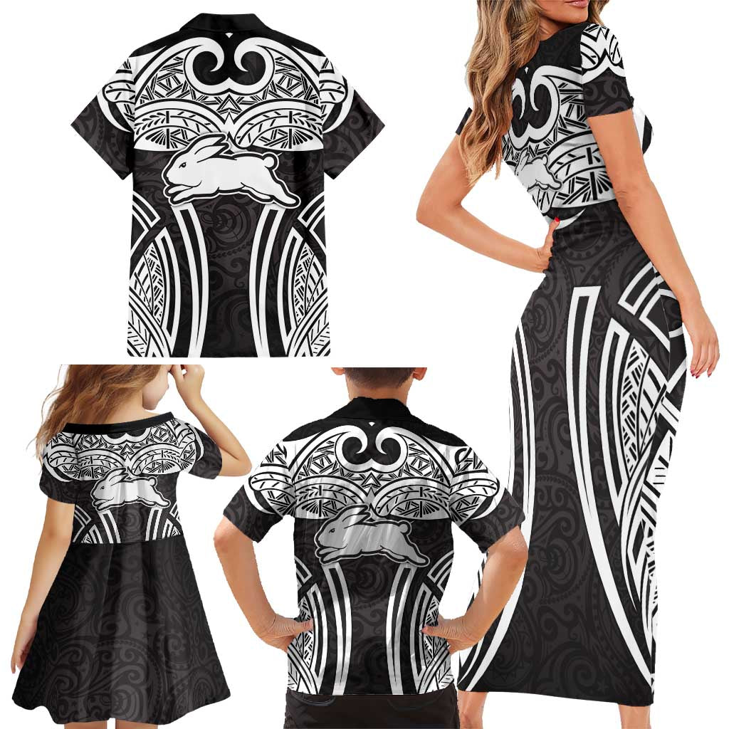 South Sydney Rabbitohs Rugby Family Matching Short Sleeve Bodycon Dress and Hawaiian Shirt Polynesian Tribal Rabbit Warrior Black White Pattern