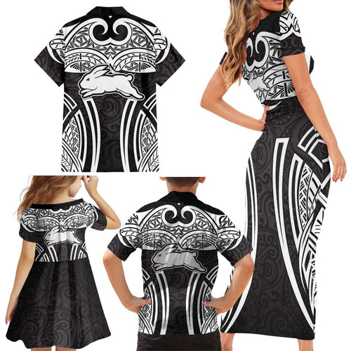 South Sydney Rabbitohs Rugby Family Matching Short Sleeve Bodycon Dress and Hawaiian Shirt Polynesian Tribal Rabbit Warrior Black White Pattern