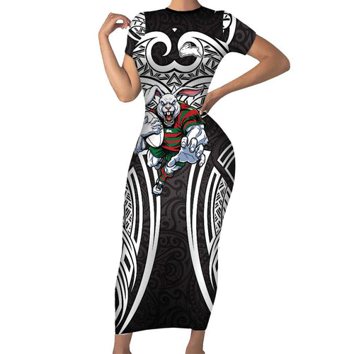 South Sydney Rabbitohs Rugby Family Matching Short Sleeve Bodycon Dress and Hawaiian Shirt Polynesian Tribal Rabbit Warrior Black White Pattern