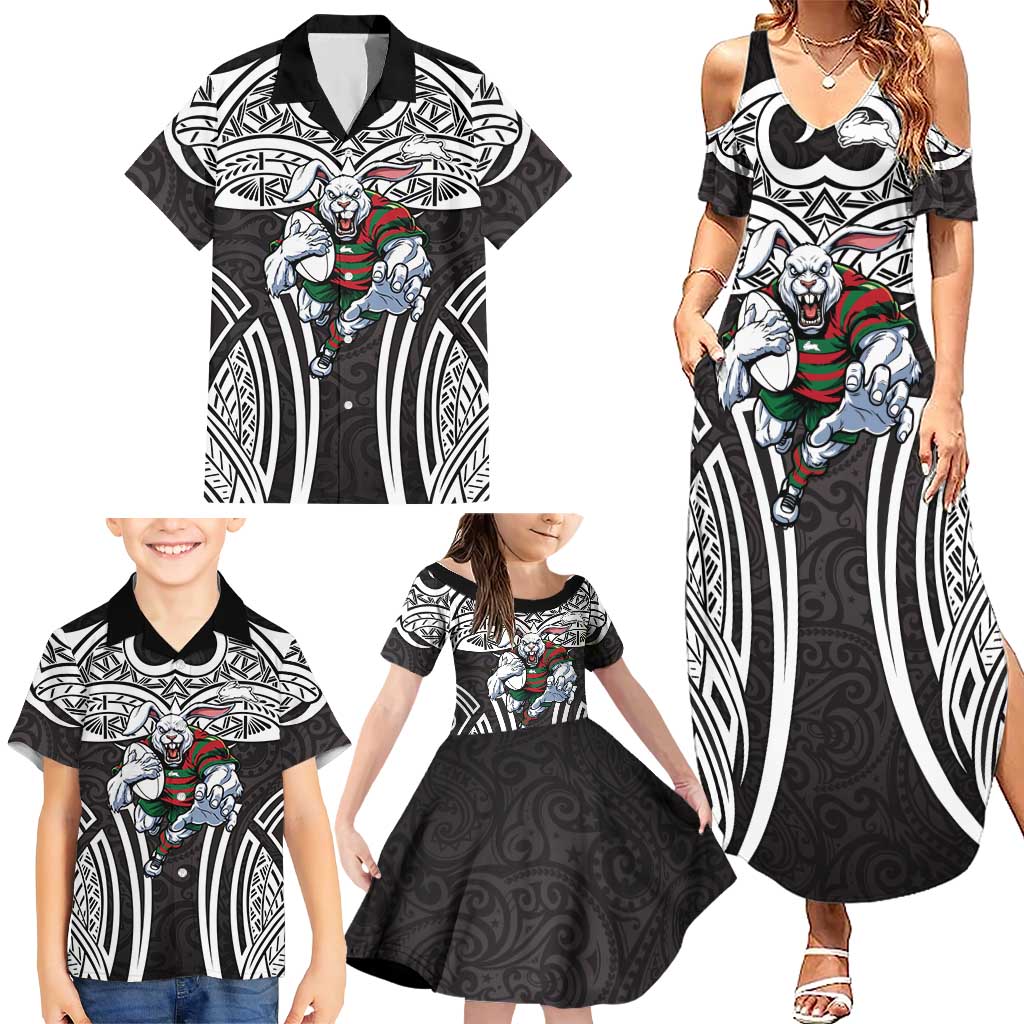 South Sydney Rabbitohs Rugby Family Matching Summer Maxi Dress and Hawaiian Shirt Polynesian Tribal Rabbit Warrior Black White Pattern