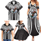 South Sydney Rabbitohs Rugby Family Matching Summer Maxi Dress and Hawaiian Shirt Polynesian Tribal Rabbit Warrior Black White Pattern