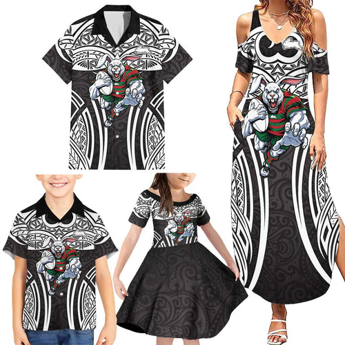 South Sydney Rabbitohs Rugby Family Matching Summer Maxi Dress and Hawaiian Shirt Polynesian Tribal Rabbit Warrior Black White Pattern