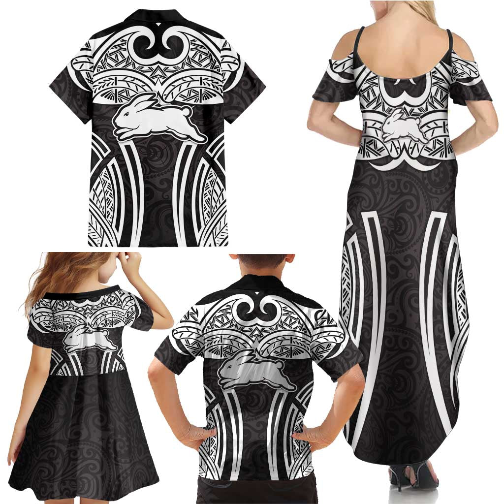 South Sydney Rabbitohs Rugby Family Matching Summer Maxi Dress and Hawaiian Shirt Polynesian Tribal Rabbit Warrior Black White Pattern