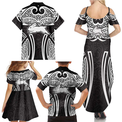 South Sydney Rabbitohs Rugby Family Matching Summer Maxi Dress and Hawaiian Shirt Polynesian Tribal Rabbit Warrior Black White Pattern