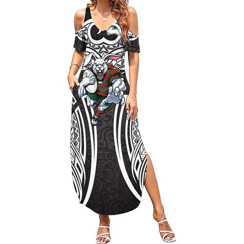 South Sydney Rabbitohs Rugby Family Matching Summer Maxi Dress and Hawaiian Shirt Polynesian Tribal Rabbit Warrior Black White Pattern