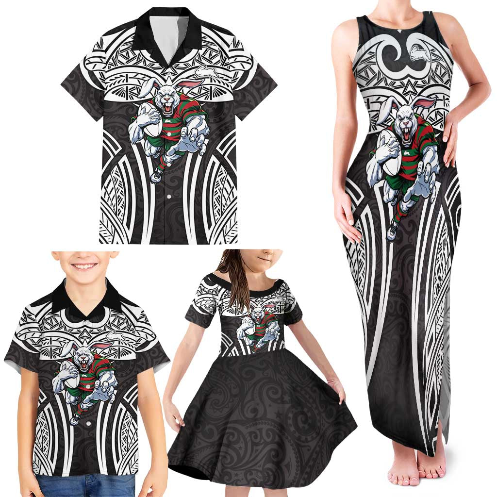 South Sydney Rabbitohs Rugby Family Matching Tank Maxi Dress and Hawaiian Shirt Polynesian Tribal Rabbit Warrior Black White Pattern