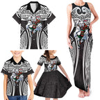 South Sydney Rabbitohs Rugby Family Matching Tank Maxi Dress and Hawaiian Shirt Polynesian Tribal Rabbit Warrior Black White Pattern