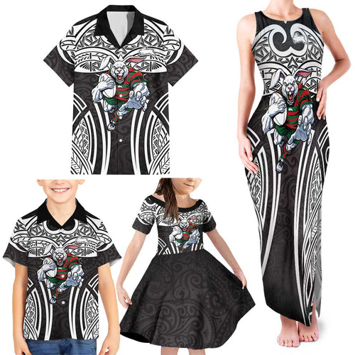 South Sydney Rabbitohs Rugby Family Matching Tank Maxi Dress and Hawaiian Shirt Polynesian Tribal Rabbit Warrior Black White Pattern