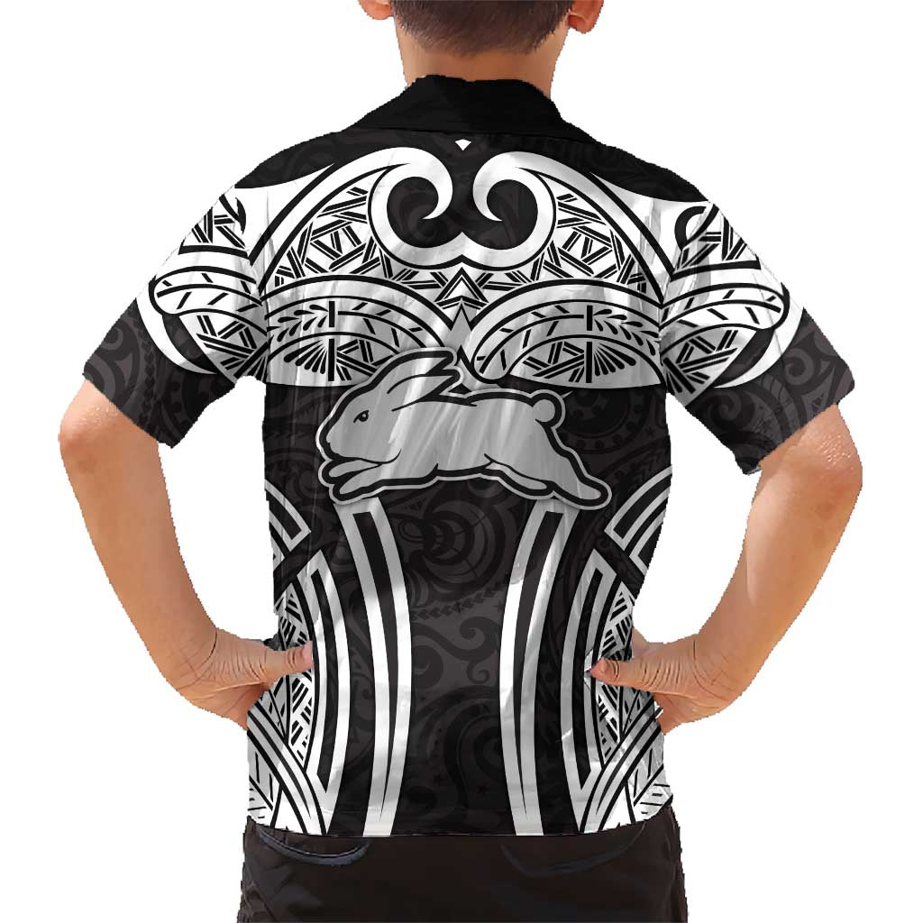 South Sydney Rabbitohs Rugby Family Matching Tank Maxi Dress and Hawaiian Shirt Polynesian Tribal Rabbit Warrior Black White Pattern