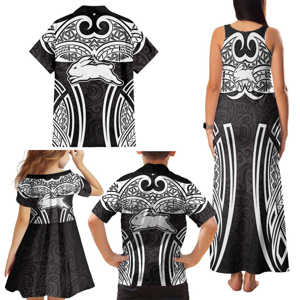 South Sydney Rabbitohs Rugby Family Matching Tank Maxi Dress and Hawaiian Shirt Polynesian Tribal Rabbit Warrior Black White Pattern