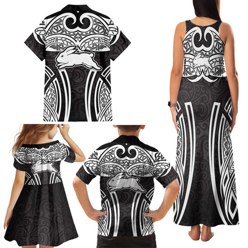 South Sydney Rabbitohs Rugby Family Matching Tank Maxi Dress and Hawaiian Shirt Polynesian Tribal Rabbit Warrior Black White Pattern