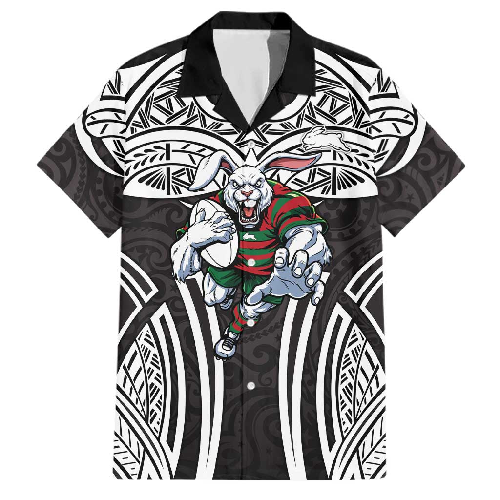 South Sydney Rabbitohs Rugby Family Matching Tank Maxi Dress and Hawaiian Shirt Polynesian Tribal Rabbit Warrior Black White Pattern