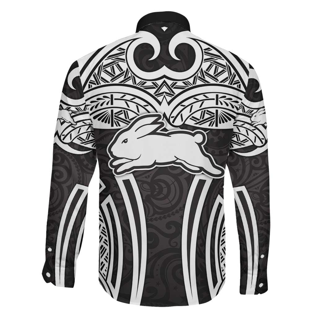 South Sydney Rabbitohs Rugby Family Matching Tank Maxi Dress and Hawaiian Shirt Polynesian Tribal Rabbit Warrior Black White Pattern