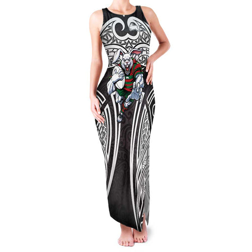 South Sydney Rabbitohs Rugby Family Matching Tank Maxi Dress and Hawaiian Shirt Polynesian Tribal Rabbit Warrior Black White Pattern