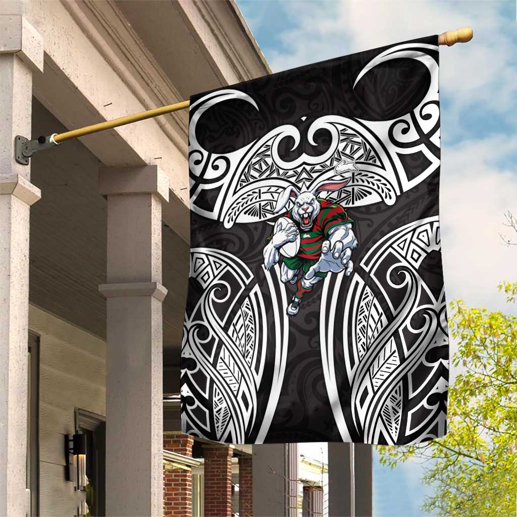 South Sydney Rabbitohs Rugby Garden Flag Polynesian Tribal Rabbit Warrior Black White Pattern